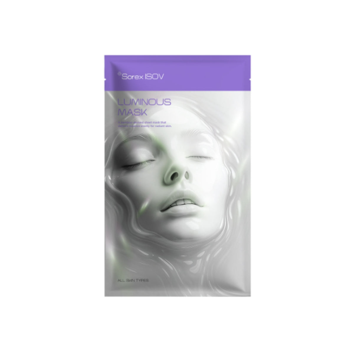 Set of five ISOV luminous sheet masks with brightening and hydrating properties, displayed in their packaging on a clean background.