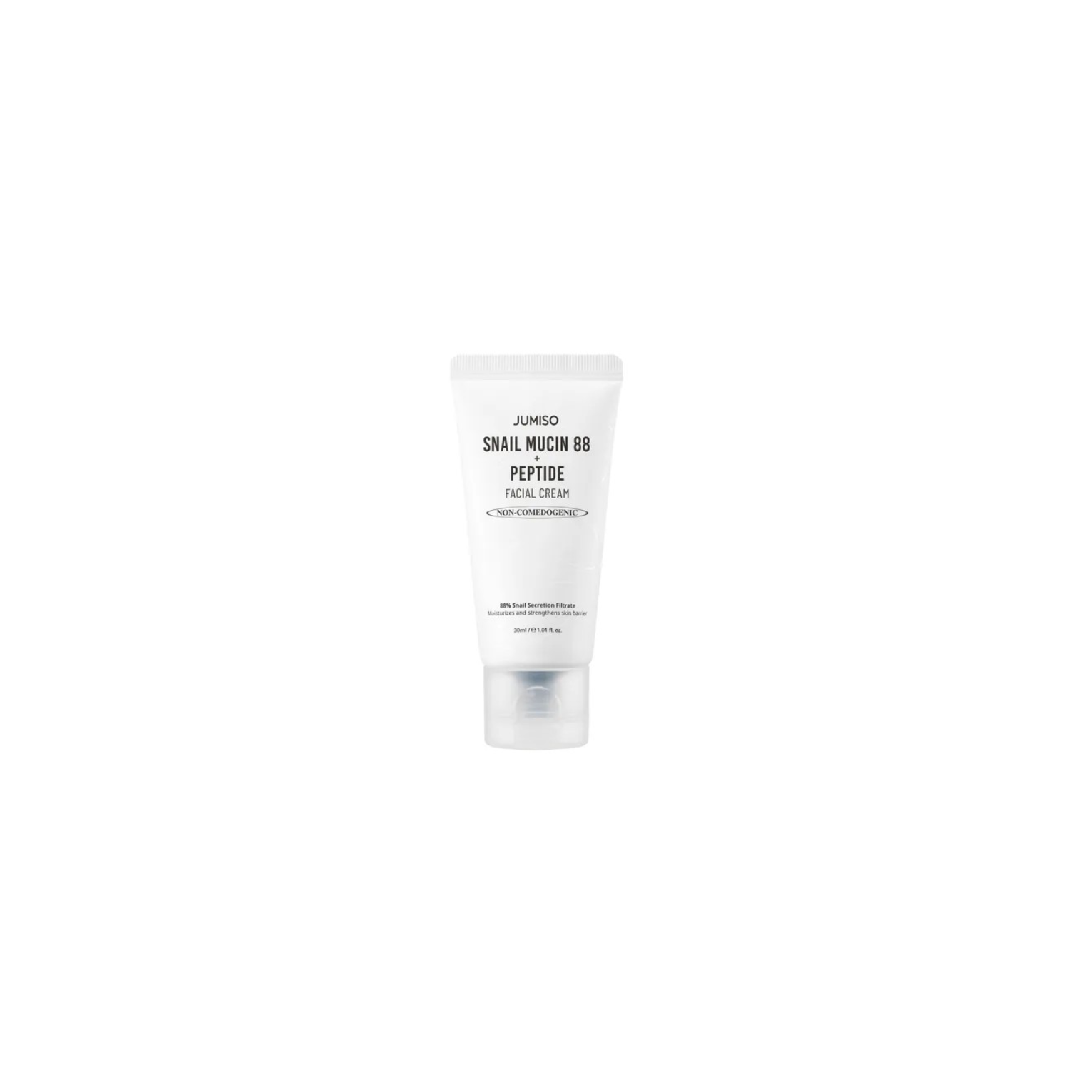 Jumiso Snail Mucin 88 + Peptide facial moisturizer in 30ml mini size, creamy texture for hydrating and nourishing skin.