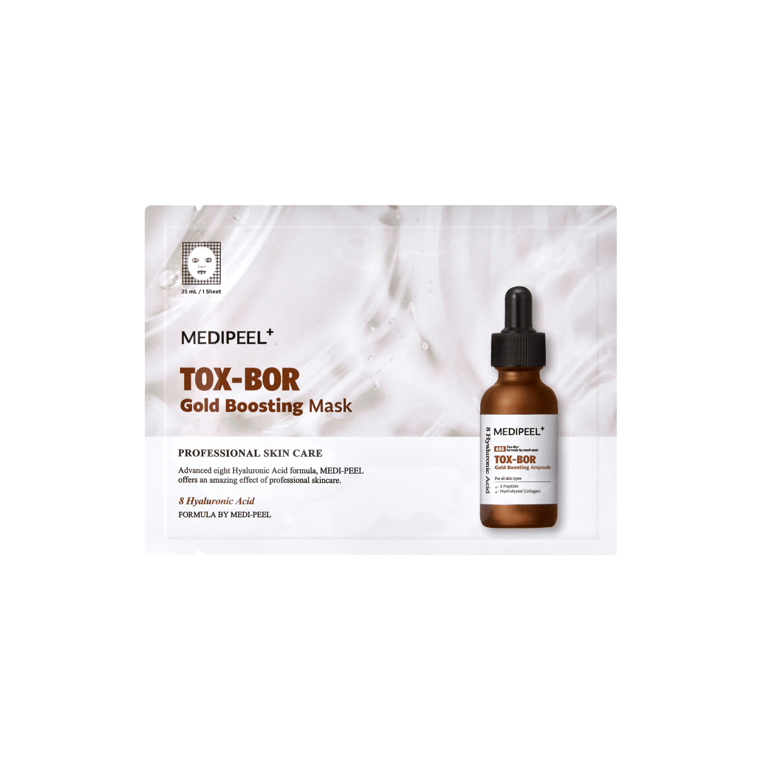 MEDIPEEL+ Tox-Bor Gold Boosting Mask sheet mask, 25ml, with gold-infused formula for skin revitalization and hydration.
