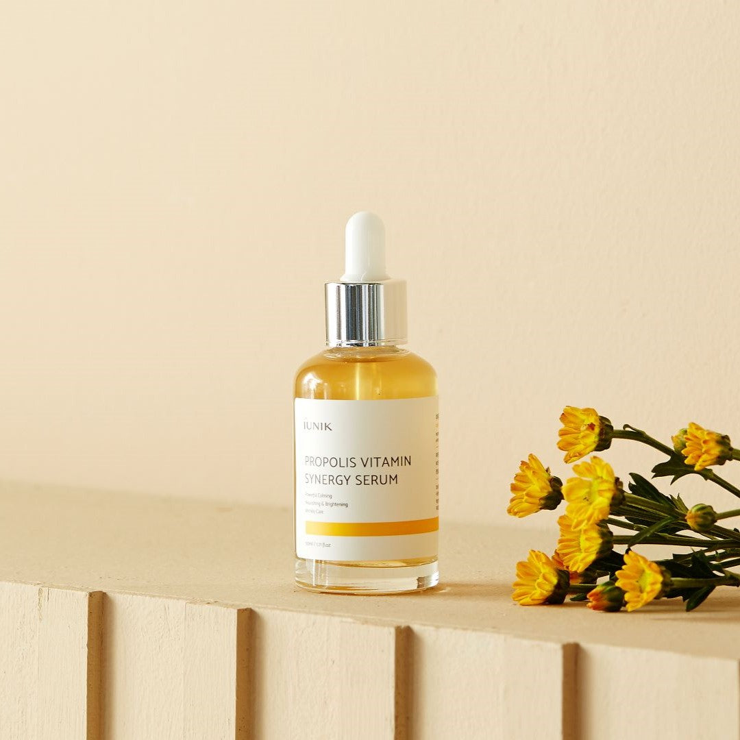 iUNIK Propolis Vitamin Synergy Serum 50ml bottle with dropper, showcasing clear serum in a sleek glass container.