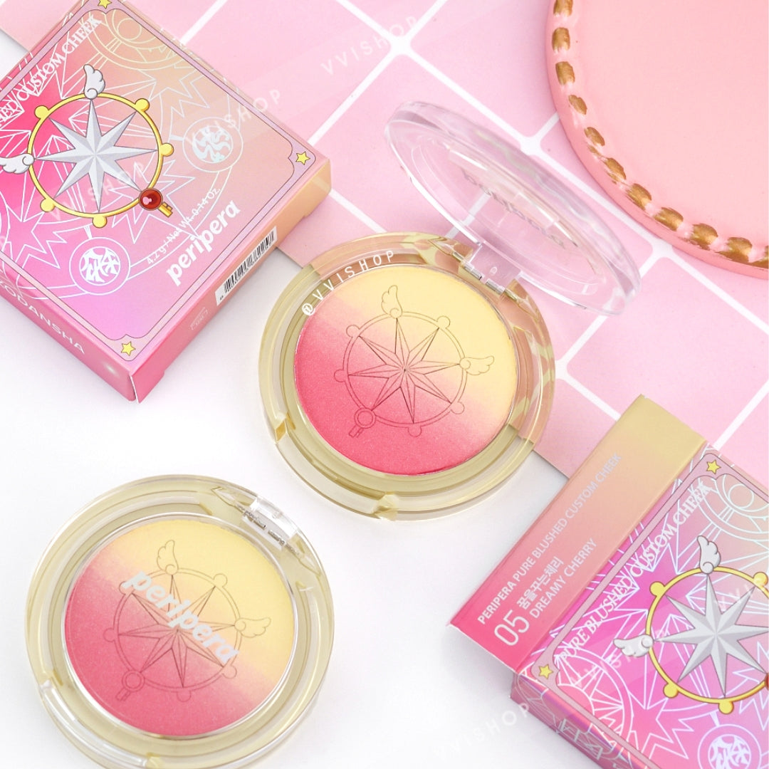 Peripera Pure Blushed Custom Cheek blush in Cardcaptor Cherry shade, featuring soft pink powder in a compact for a natural glow.
