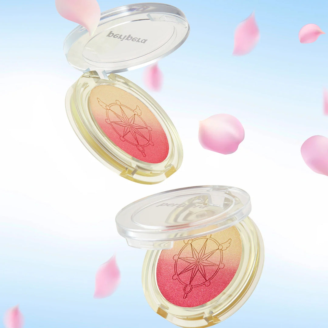 Peripera Pure Blushed Custom Cheek blush compact with cherry-themed packaging and shades, displayed open showing blush pans and mirror.