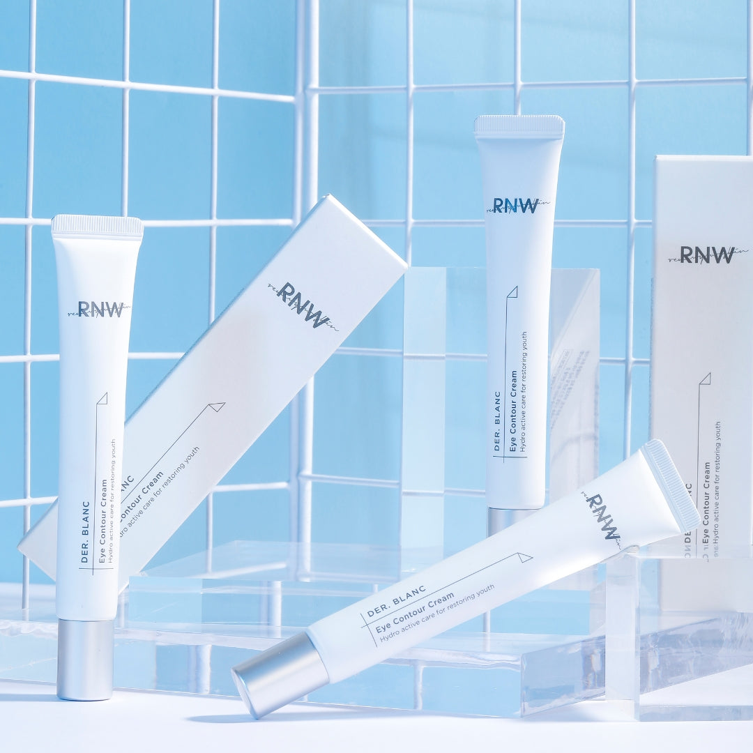 RNW Der. Blanc Eye Contour Cream 25ml jar showing smooth, creamy eye treatment formula in a sleek container.