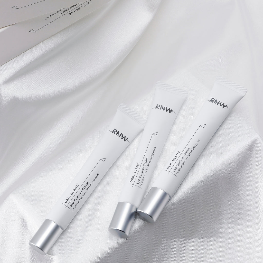 RNW Der. Blanc Eye Contour Cream 25ml jar showing smooth, white eye cream in a sleek container with a white lid.