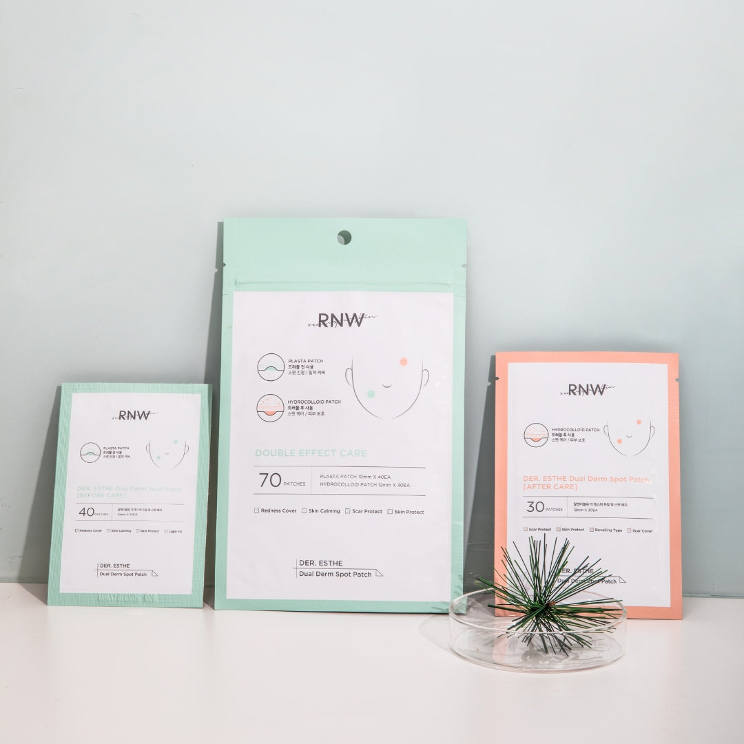 RNW Der. Esthe Dual Derm Spot Patch Set with clear patches and cream for targeted skin blemish treatment.