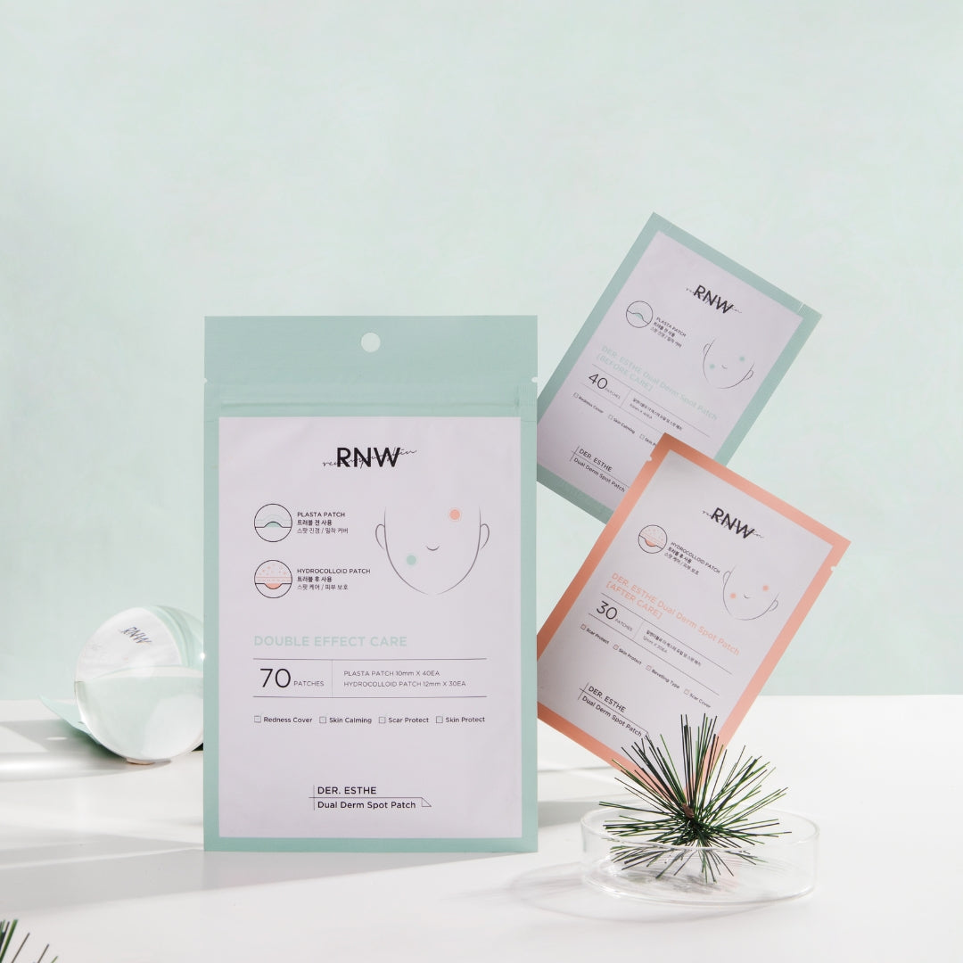 RNW Der. Esthe Dual Derm Spot Patch Set featuring spot patches and cream for targeted skin treatment.