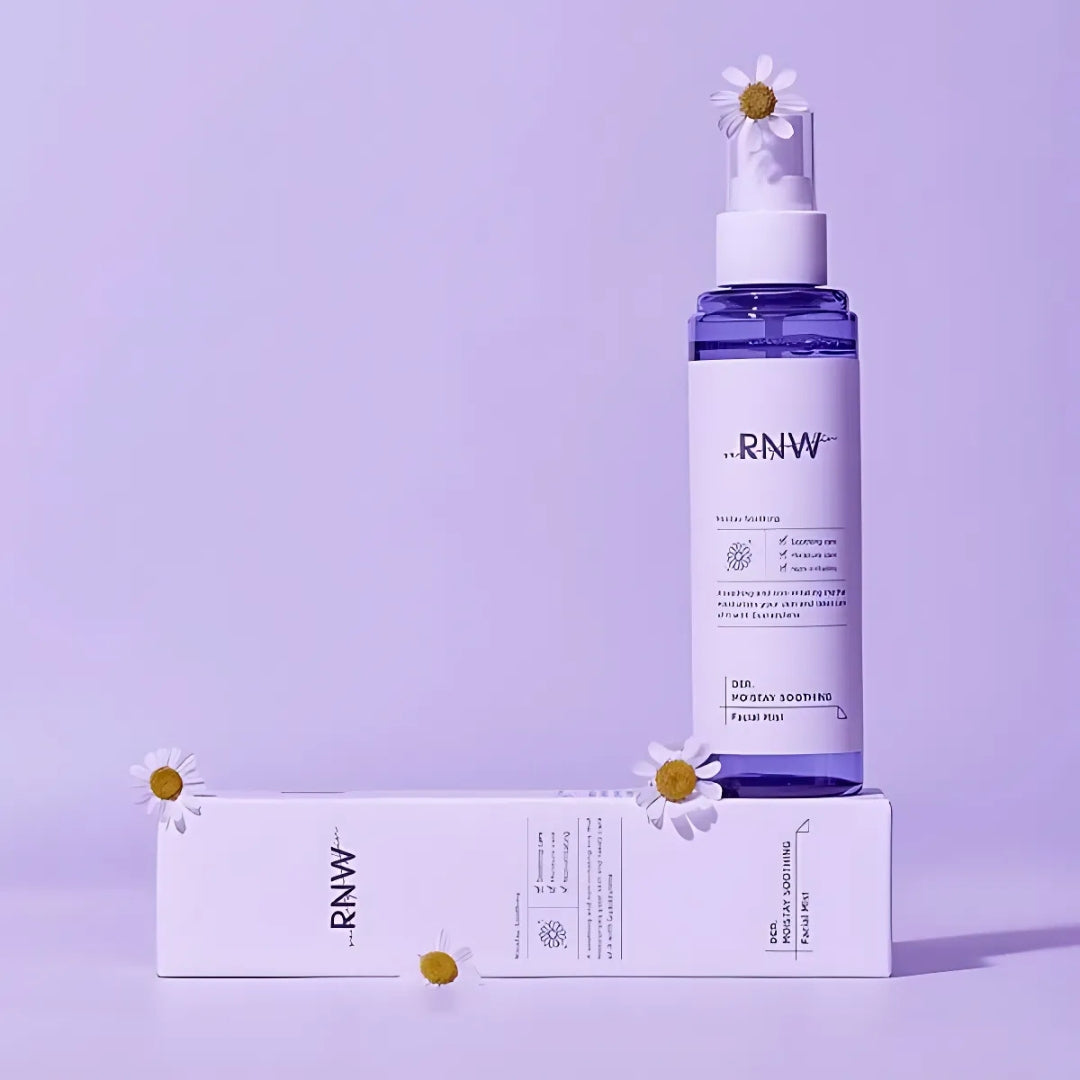 RNW Der. Moistay Soothing Facial Mist 100ml spray bottle, transparent container with misting nozzle and calming label.