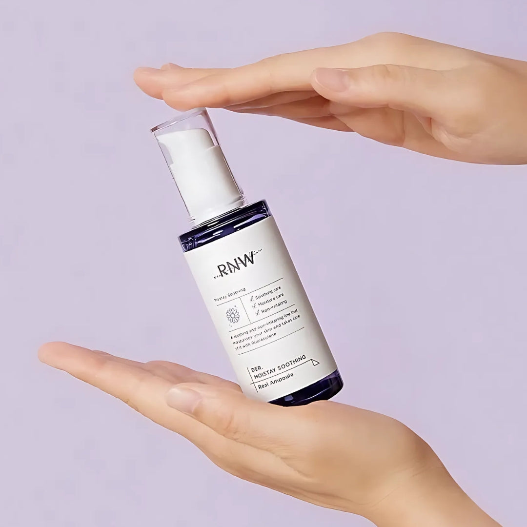 RNW Der. Moistay Soothing Real Ampoule 50ml bottle, clear glass container with a white and blue label for soothing skincare.