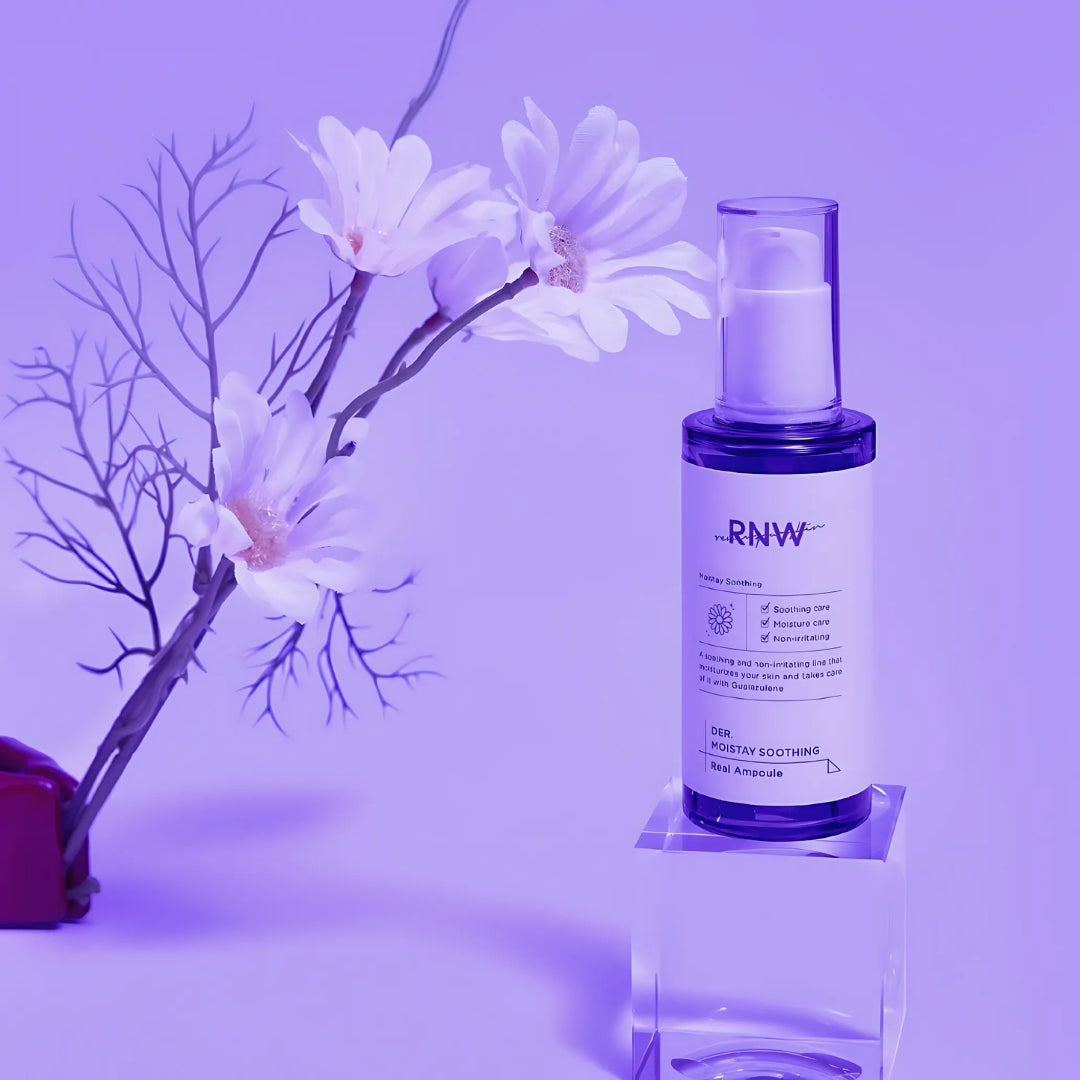 RNW Der. Moistay Soothing Real Ampoule 50ml bottle with clear liquid and dropper applicator for skin hydration and calming.