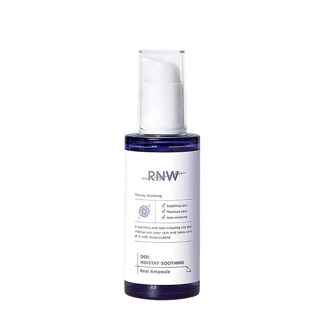 RNW Der. Moistay Soothing Real Ampoule 50ml bottle with clear liquid and soothing skincare label, designed for calming skin.