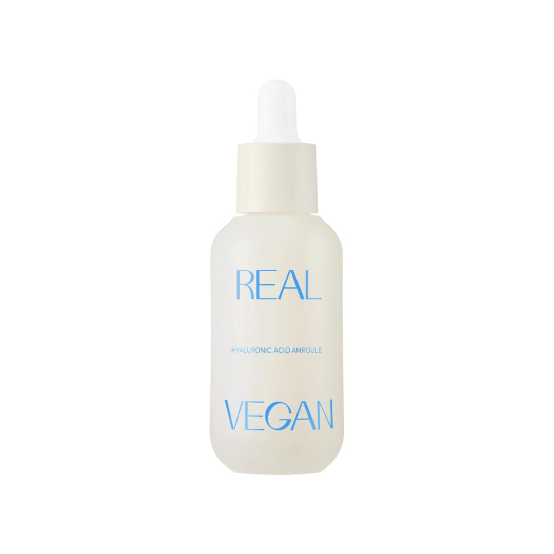Klavuu Real Vegan Hyaluronic Acid Ampoule 30ml bottle showing clear liquid and dropper applicator for hydrating skincare.