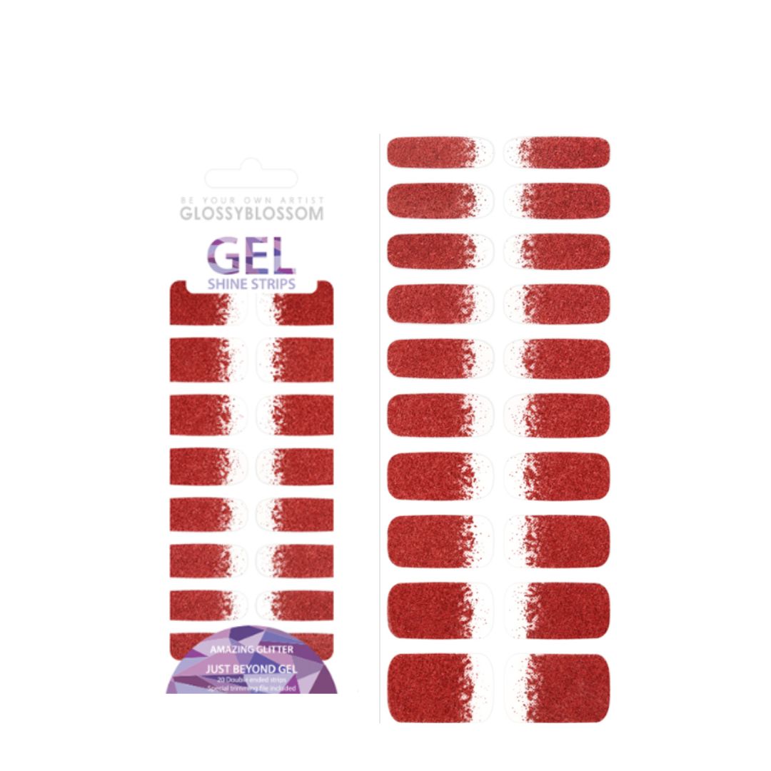 Glossy Blossom red gel nail strips with deep gradient and glitter finish, showcasing a stylish nail design.
