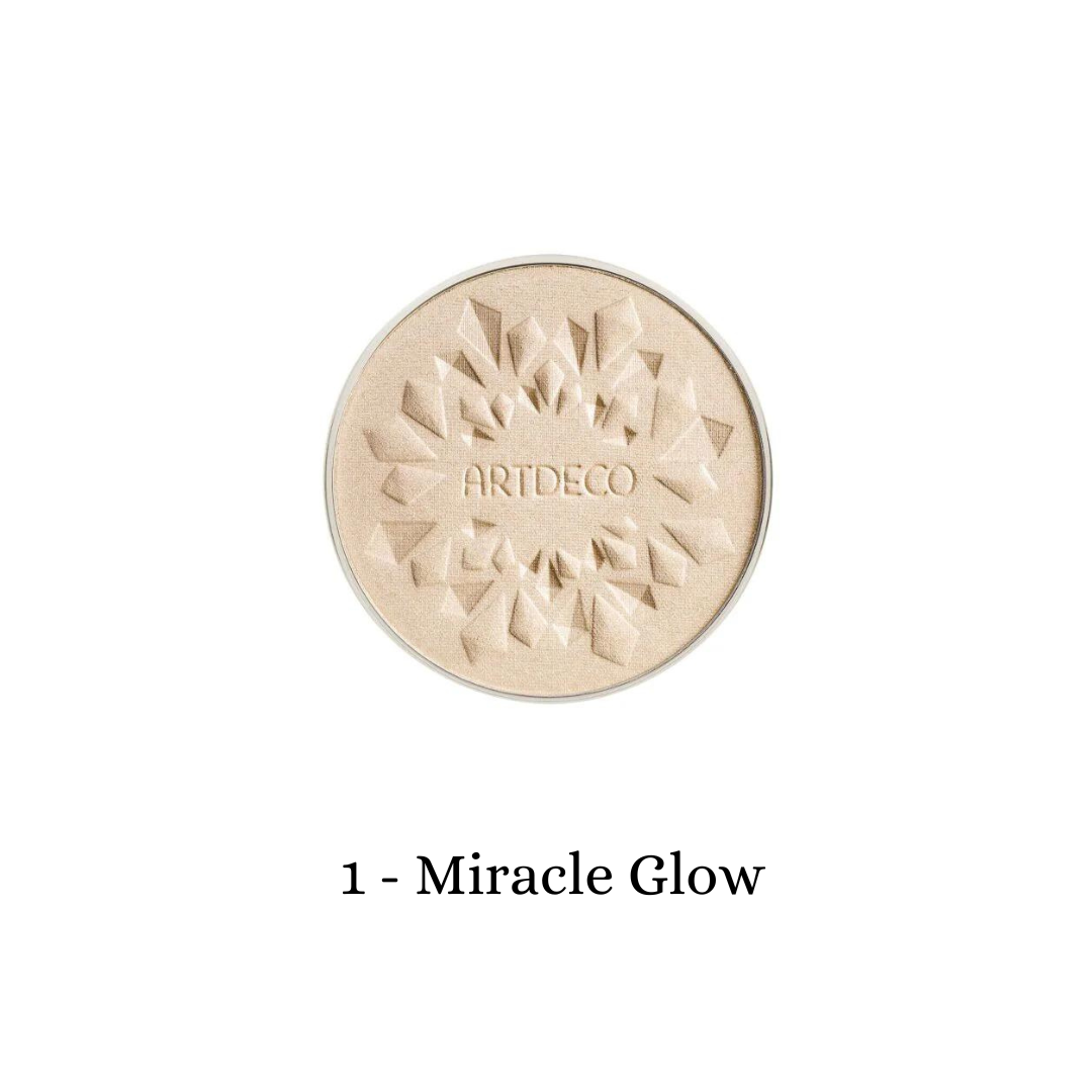 ARTDECO Glow Highlighting Powder refill in Miracle Glow with shimmering powder for radiant skin highlight.