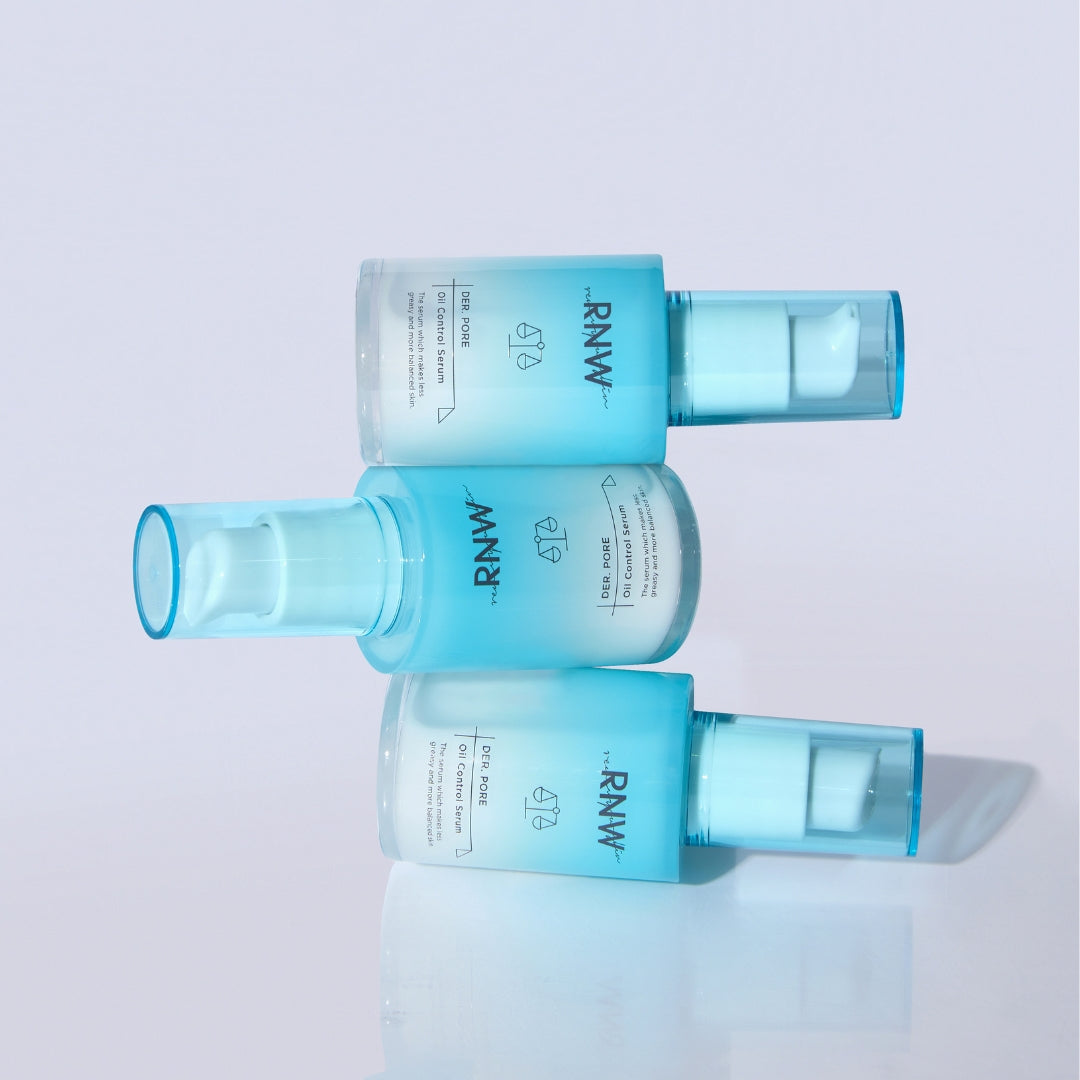 RNW Derma Pore Oil Control Serum 30ml, clear bottle with pump dispenser, highlighting smooth serum texture in a skincare setting