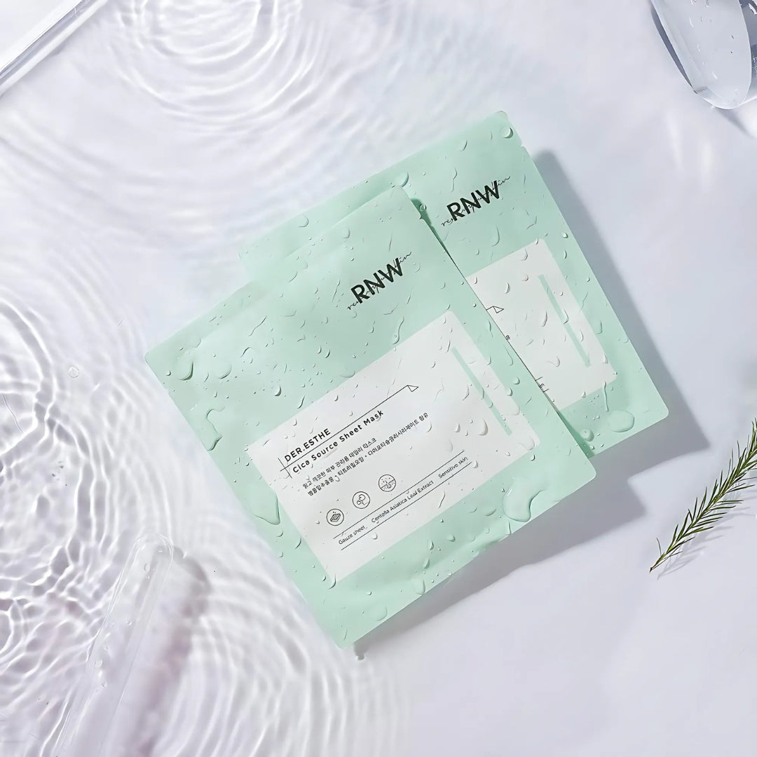 RNW Der. Esthe Cica Source Sheet Mask box with 10 sheet masks, featuring soothing and hydrating skincare ingredients.