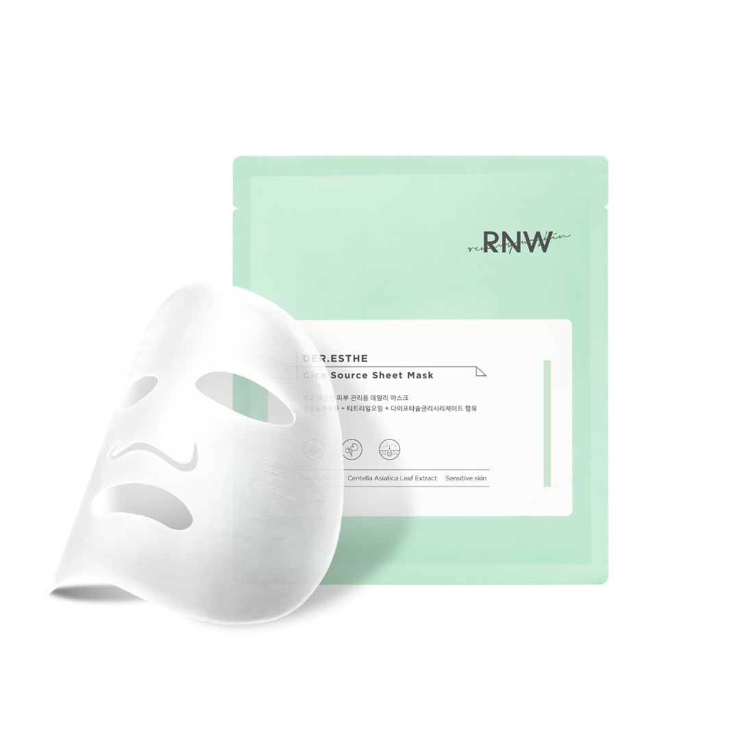 RNW Der. Esthe Cica Source Sheet Mask box with 10 sheets, featuring soothing, hydrating sheet masks in individual packaging.