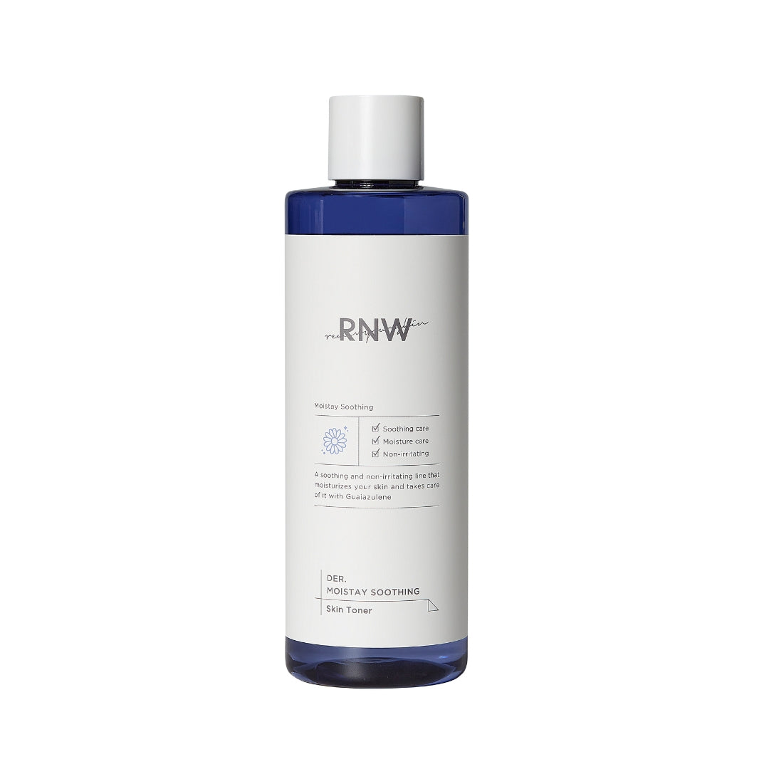 RNW Der. Moistay Soothing Skin Toner 500ml bottle with clear label and cap, designed for gentle skin hydration.