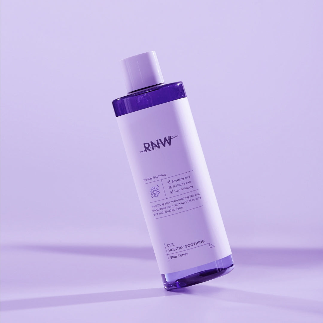RNW Der. Moistay Soothing Skin Toner 500ml bottle, clear liquid, with label featuring product and brand details.
