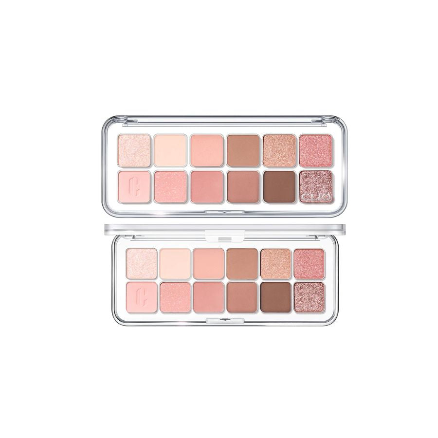 Clio Pro Eye Palette Air with eyeshadow shades in a sleek palette, featuring soft pinks and neutral tones for versatile eye looks.