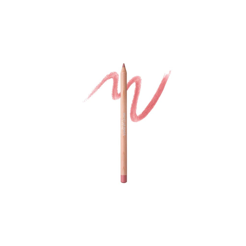 Clio Velvet Lip Pencil Set with five rosy pink lip liners arranged in a row, showcasing smooth, pigmented lip liner tips.