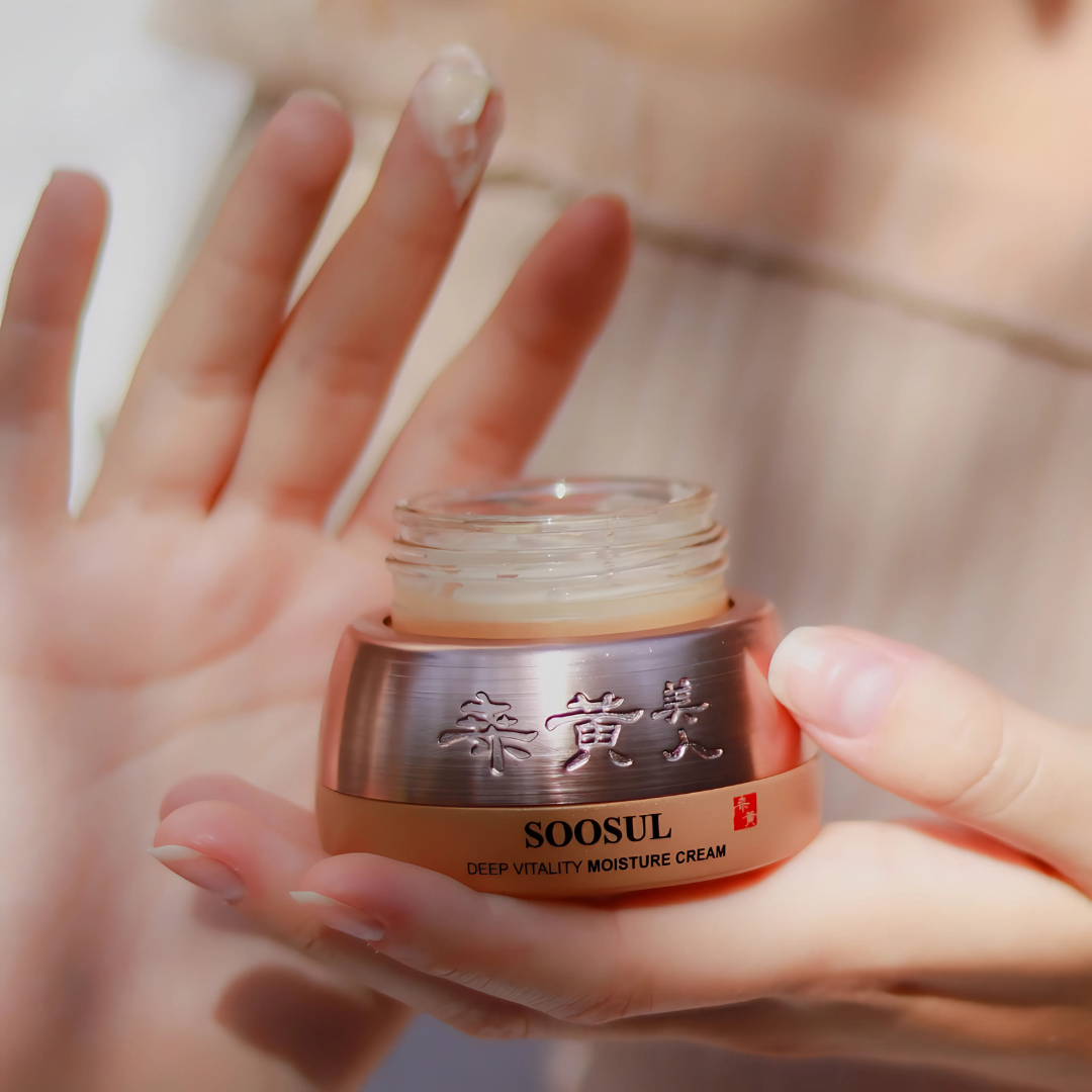 Soosul Moisture Cream 50ml face moisturizer jar showing creamy texture in a clear container with a white lid.
