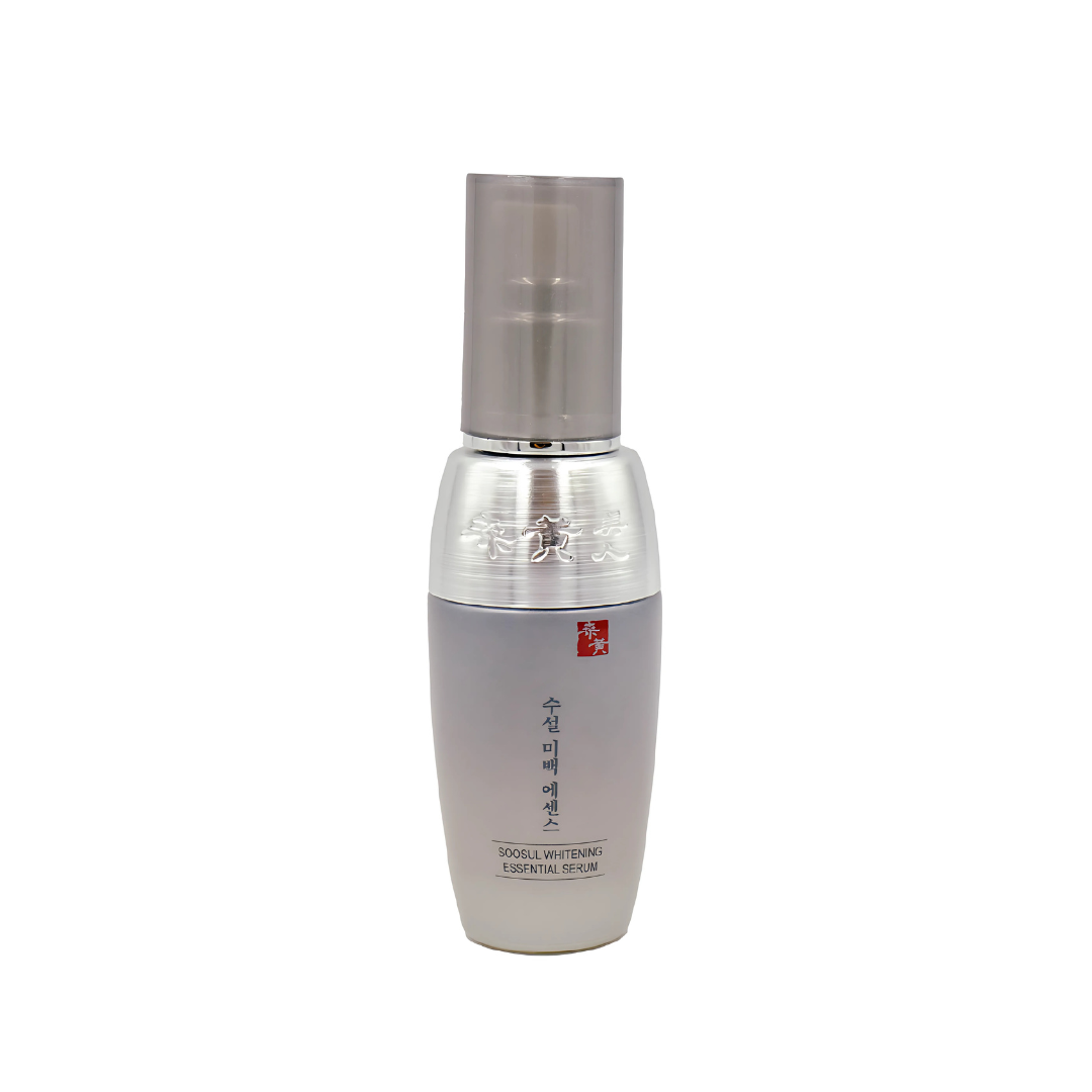 Soosul Whitening Essential Serum 40ml bottle with dropper, clear glass container for brightening skincare.