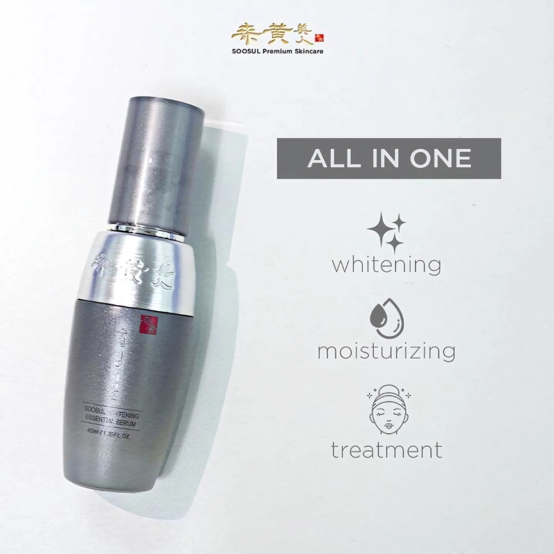 Soosul Whitening Essential Serum 40ml in a clear bottle with a white pump dispenser, showing the serum inside.