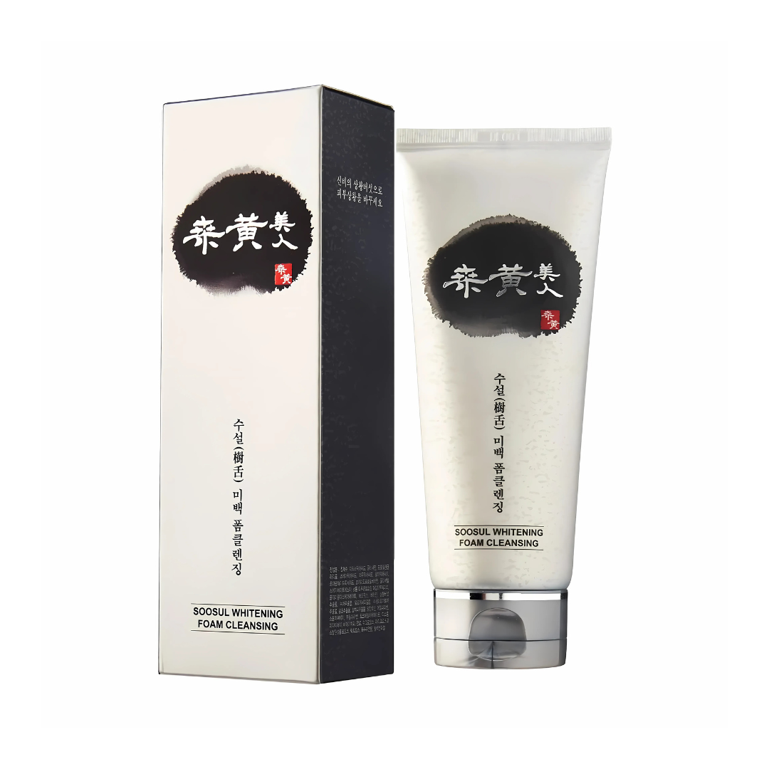 Soosul Whitening Foam Cleansing 150ml, gel and foam cleanser with brightening properties, in a clear bottle with a white foam texture.