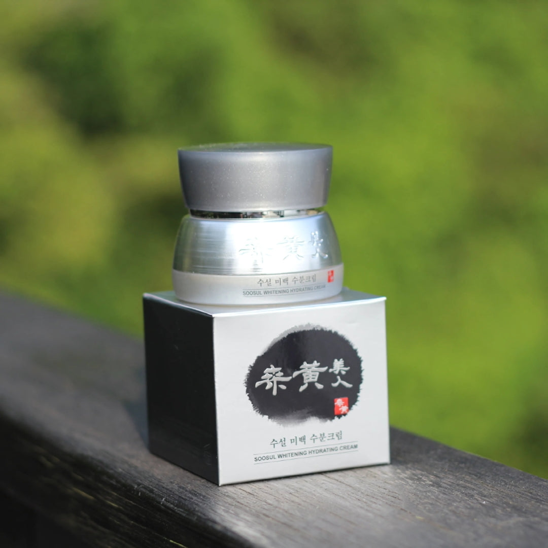 Soosul Whitening Hydrating Cream 50ml face moisturizer in a white jar with a silver lid, showing the product label and packaging.