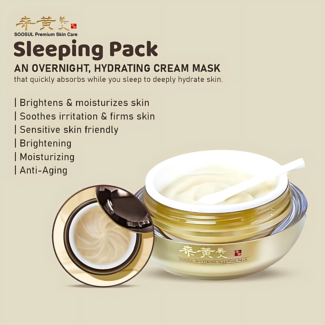 Soosul Whitening Sleeping Pack 120g in a jar, a leave-on mask with a smooth, creamy texture for brightening skin overnight