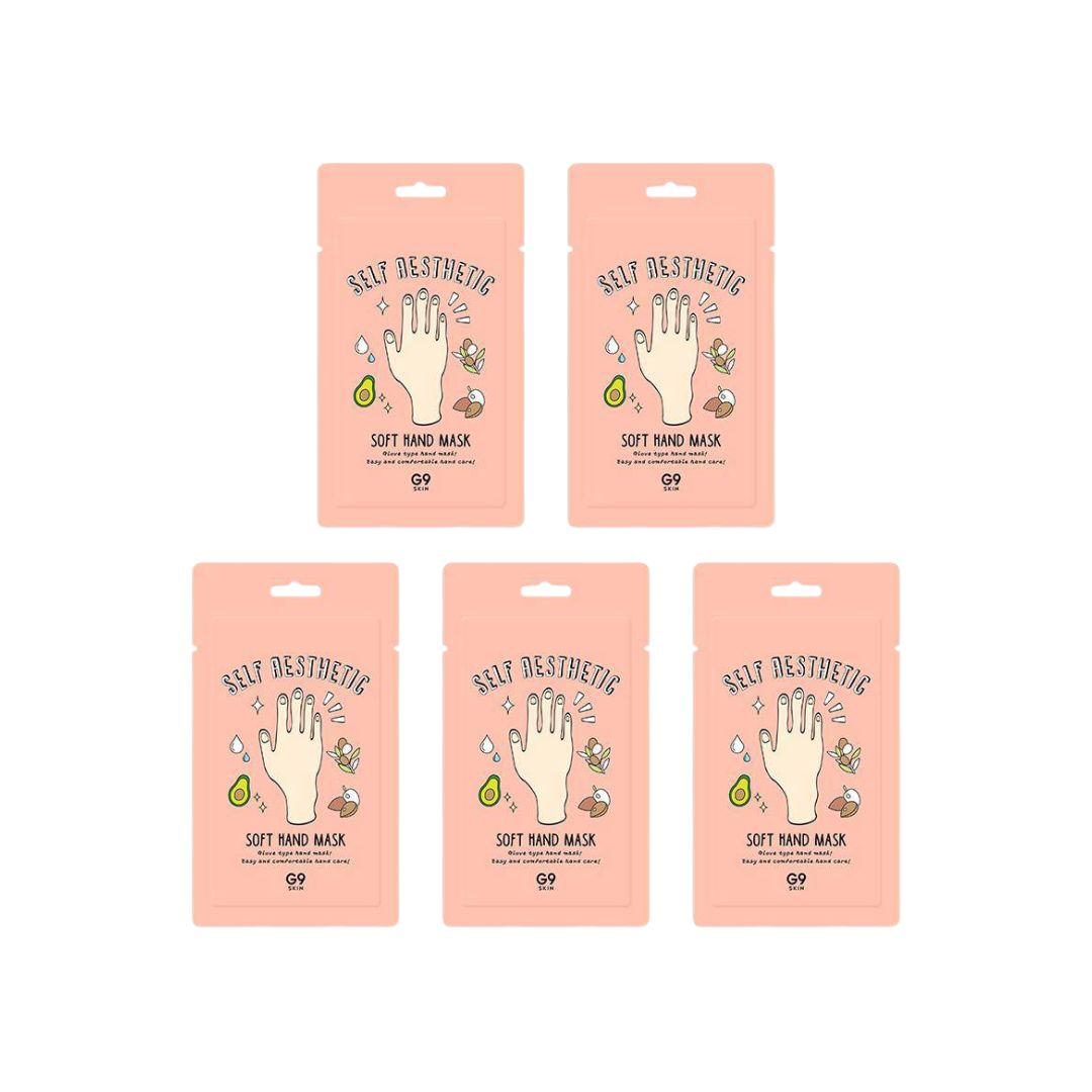 G9 Skin Self Aesthetic Soft Hand Mask bundle with five soft, moisturizing hand masks in a clear package.