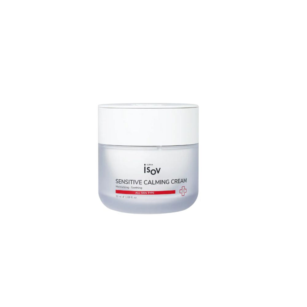ISOV Sensitive Calming Cream 50ml face moisturizer in a white jar with a blue label, designed for sensitive skin.