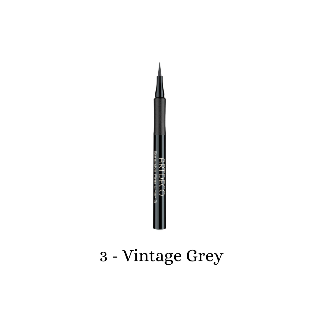 ARTDECO Sensitive Fine Liner liquid eyeliner in vintage grey, showcasing a sleek pen tip and smooth application on white background.