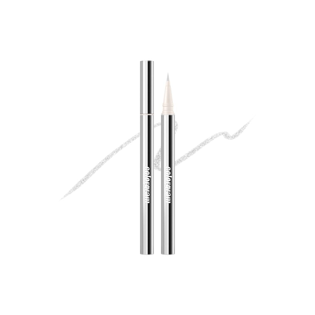 Silver Colorgram Milk Bling Glitter Liquid Eyeliner with shimmering finish, showcasing its sleek applicator and sparkling glitter formula.
