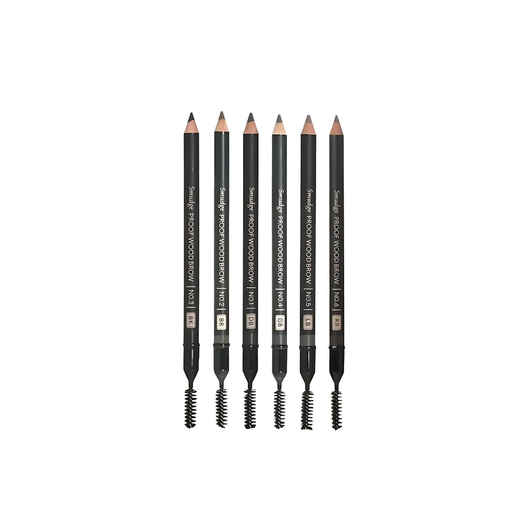 Missha smudgeproof wood eyebrow pencil with five color options, designed for natural, precise eyebrow application.