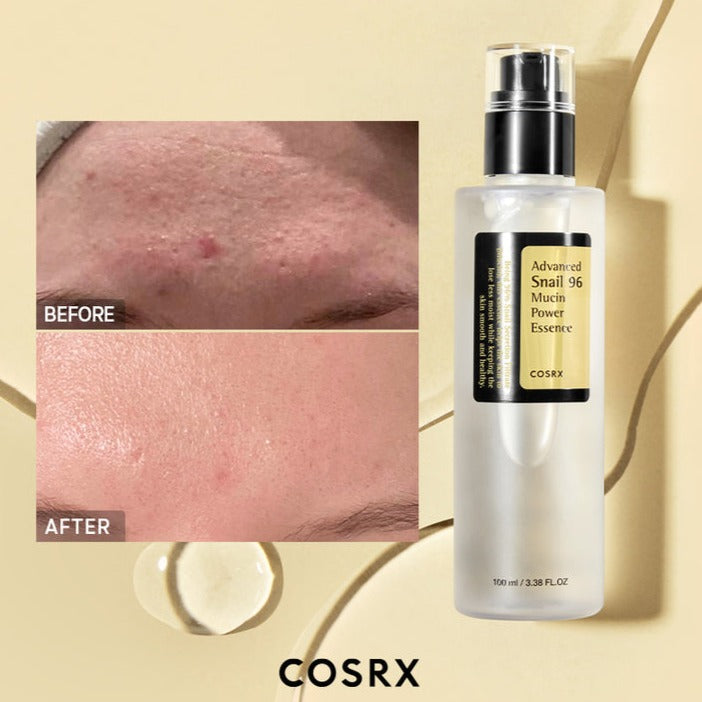 COSRX Advanced Snail 96 Mucin Power Essence bottle with white label and clear liquid inside, placed on a white surface.