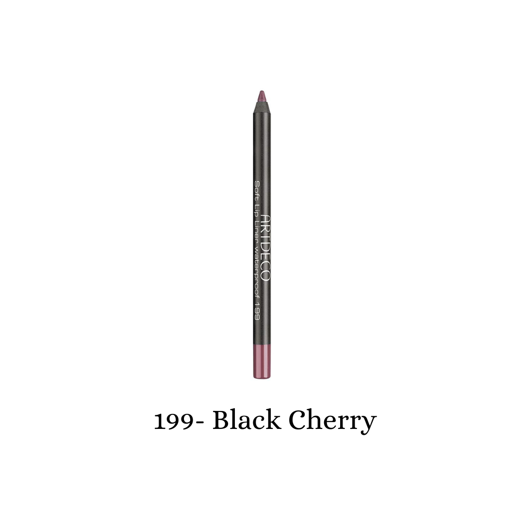 Black cherry waterproof lip liner by ARTDECO, showing a smooth, soft pencil with a sharpened tip for precise application.