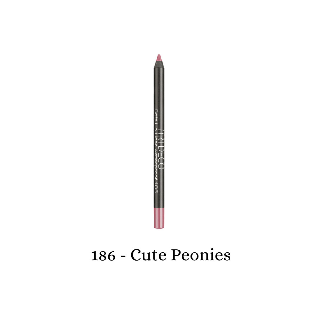 ARTDECO waterproof soft lip liner with a smooth texture, shown with pink peonies for a natural, elegant look.