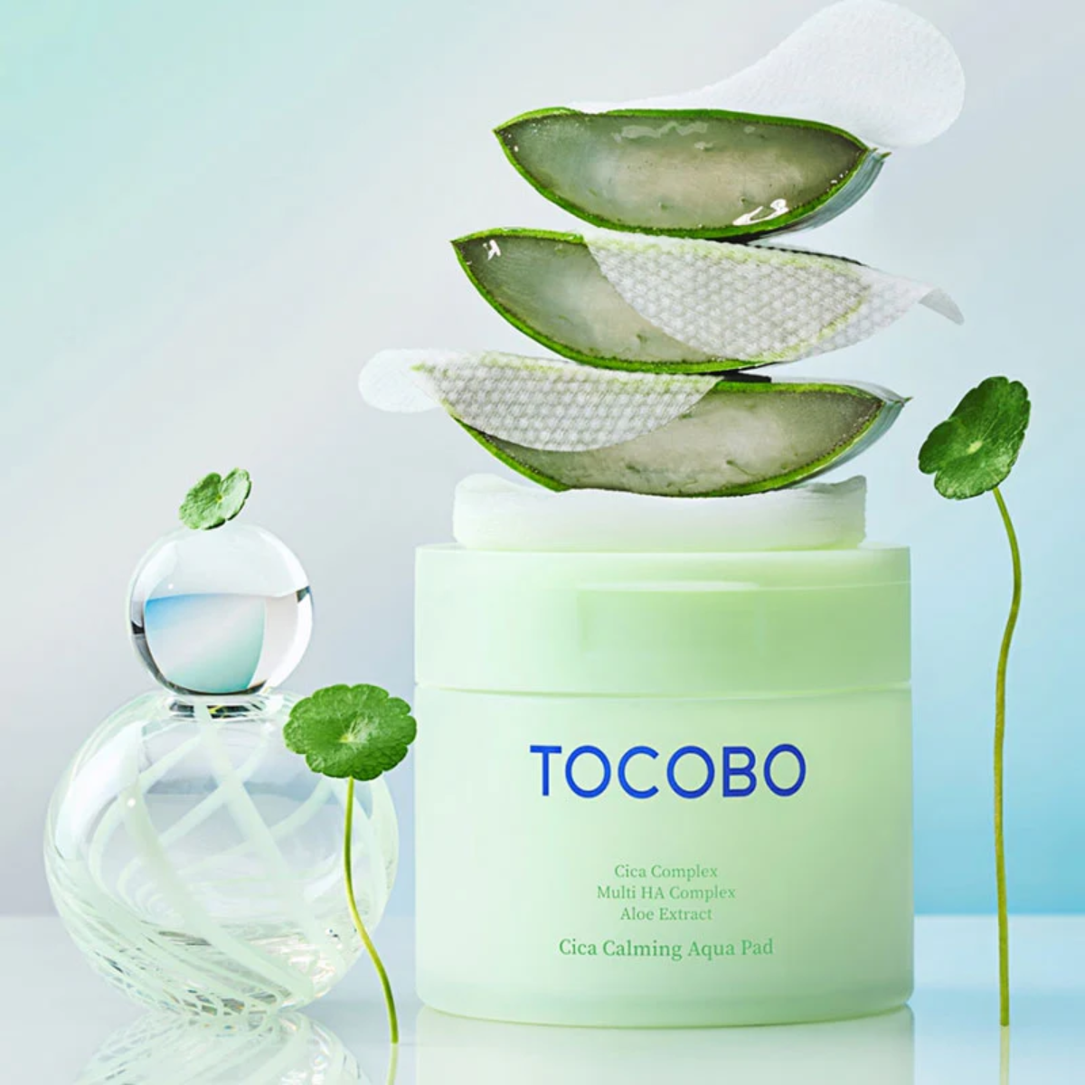 TOCOBO Cica Calming Aqua Pad toner pad, square shape, 60 soothing skincare pads with calming ingredients for sensitive skin.