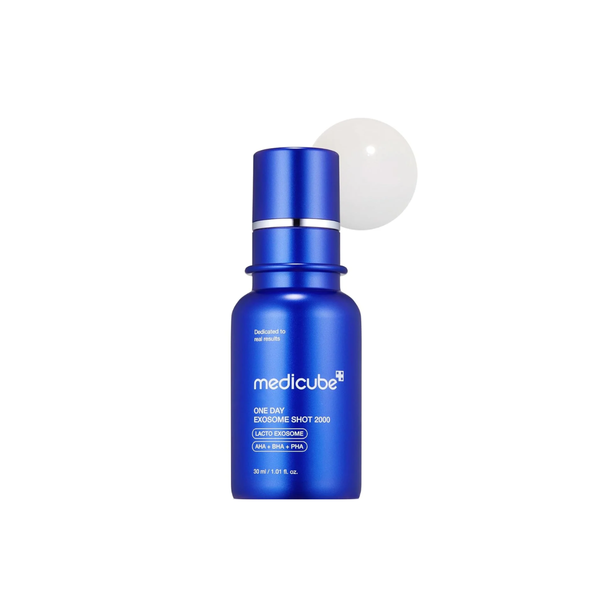 Medicube One Day Exosome Shot Pore Ampoule 2000 30ml bottle showing clear liquid and sleek packaging.