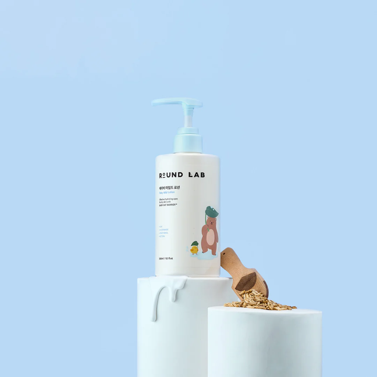 Round Lab Baby Mild Lotion 300ml, gentle body lotion for babies with soothing, lightweight formula, shown in a square bottle.