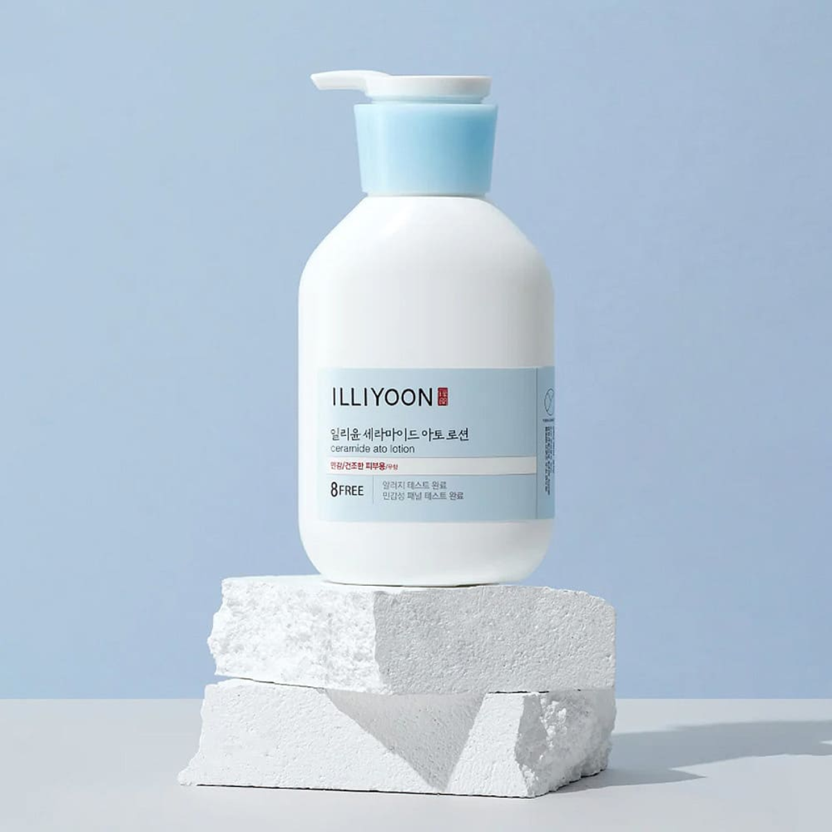 Illiyoon Ceramide Ato Body Lotion 350ml bottle with pump dispenser, featuring a white and blue label, skincare for dry skin