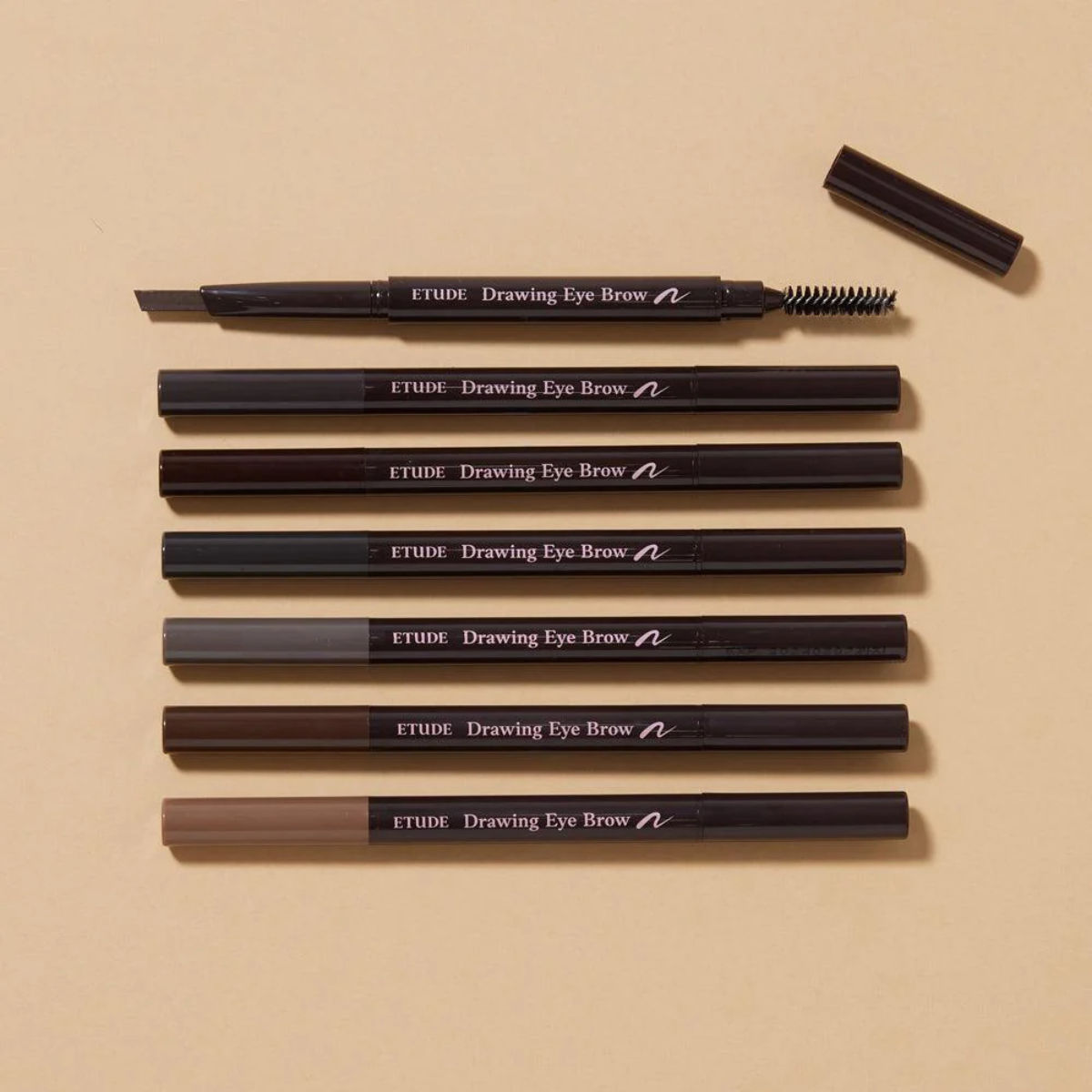 Etude House Drawing Eye Brow eyebrow pencil with natural finish, showing the product's packaging and application in a close-up shot.