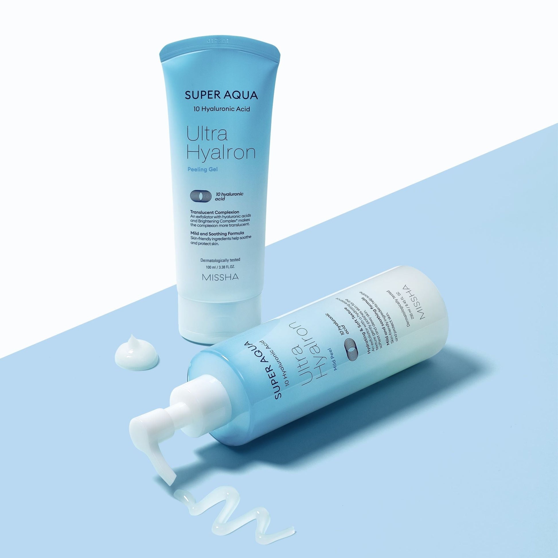 Missha Super Aqua Ultra Hyalron Peeling Gel in a 100ml tube, showing exfoliating gel with a smooth, clear texture.