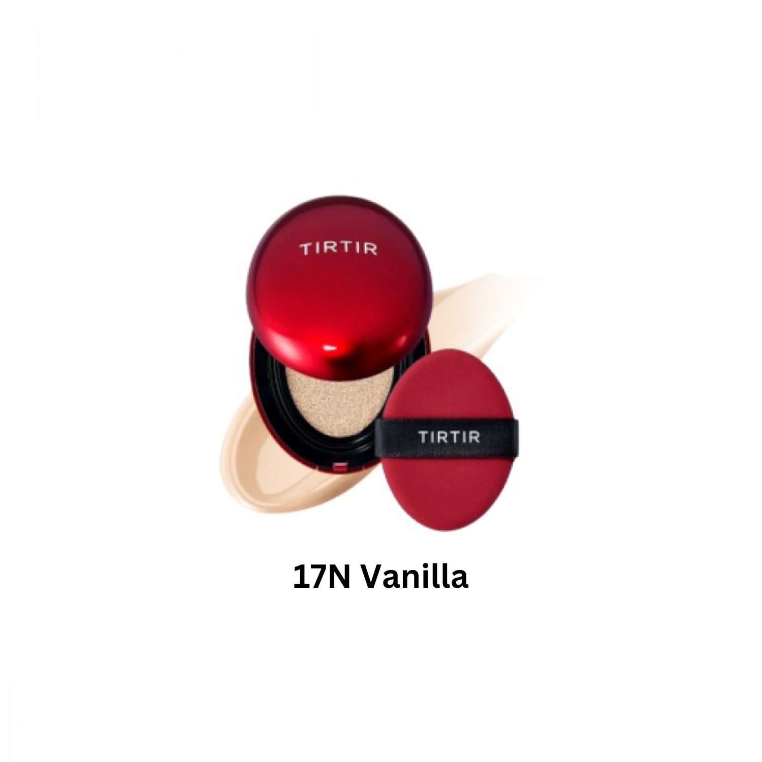 TIRTIR Mask Fit Red Cushion foundation compact in shade 17N Vanilla, with a smooth, rounded surface and red packaging.