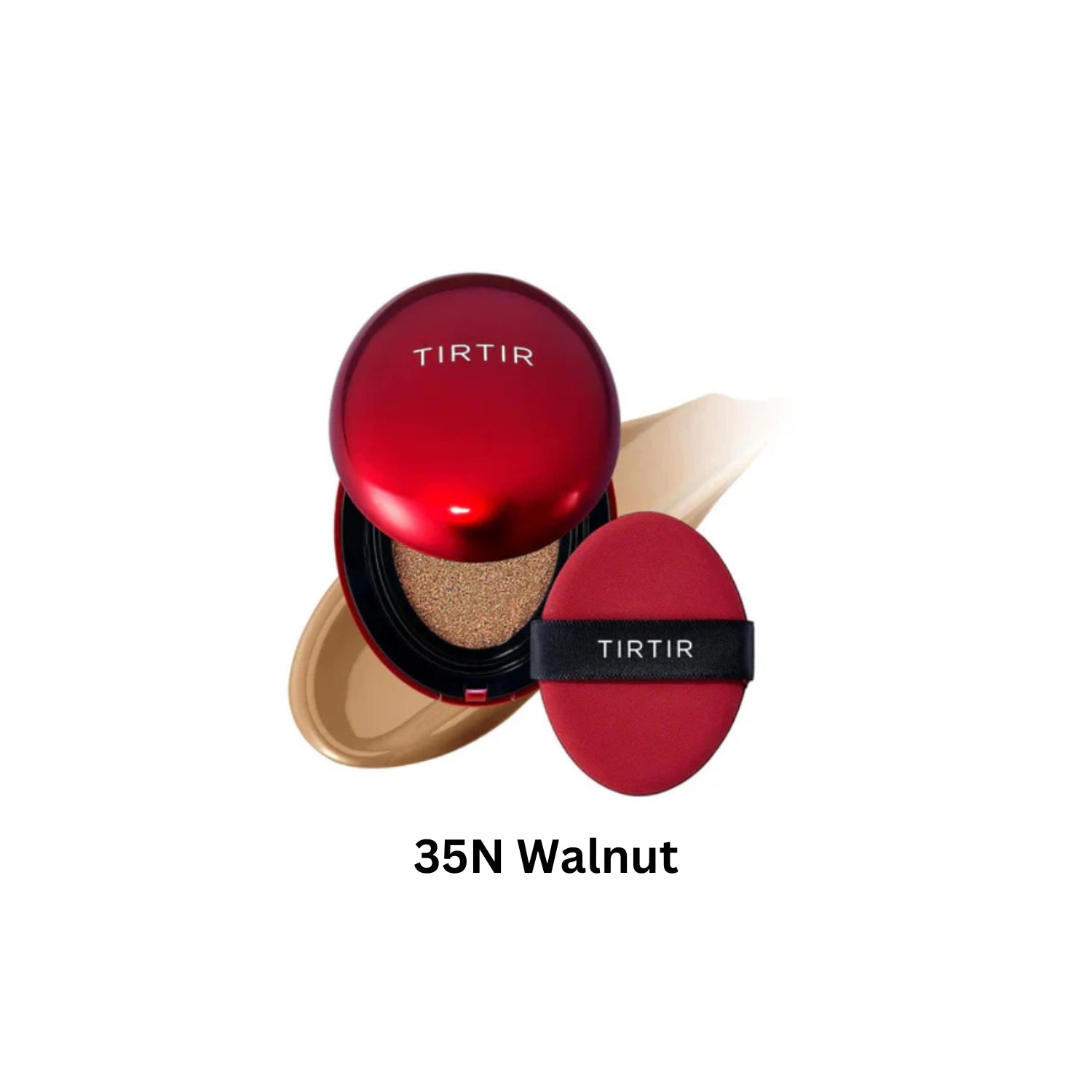TIRTIR Mask Fit Red Cushion Foundation in Walnut shade, showing the compact with a smooth, beige cushion inside.