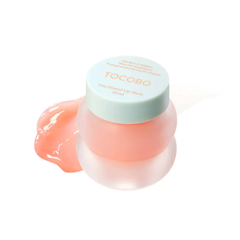 TOCOBO Vita Glazed Lip Mask 20ml jar with a sleek pink lid, featuring a glossy, smooth lip mask inside.