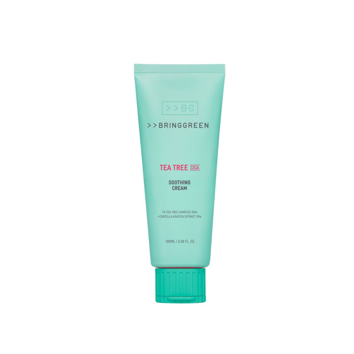 Bring Green Tea Tree Cica Soothing Cream Plus 100ml face moisturizer jar with a white and green label showing the product name.
