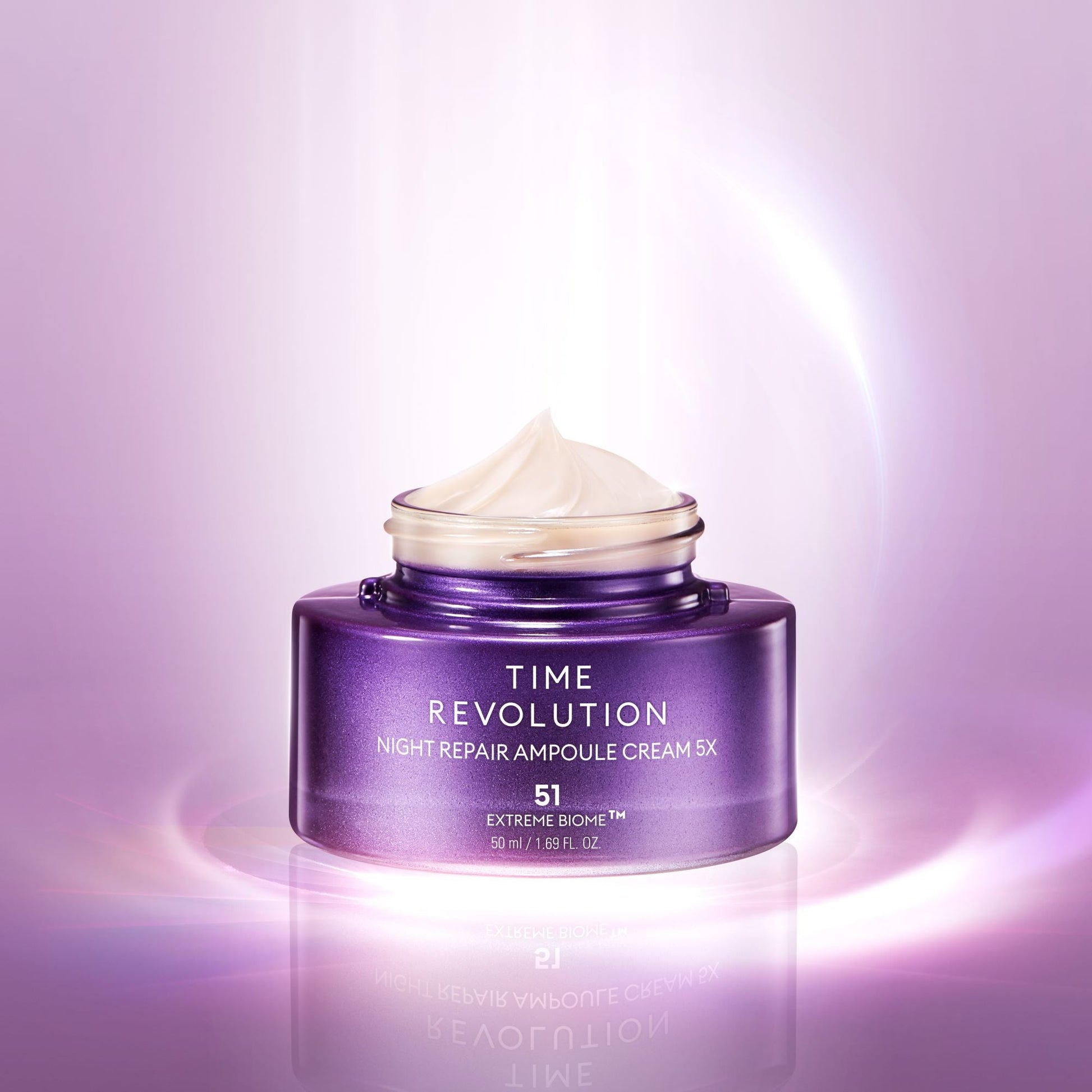 Missha Time Revolution Night Repair Ampoule Cream 5X, a 50ml face moisturizer with a smooth cream texture in a jar.