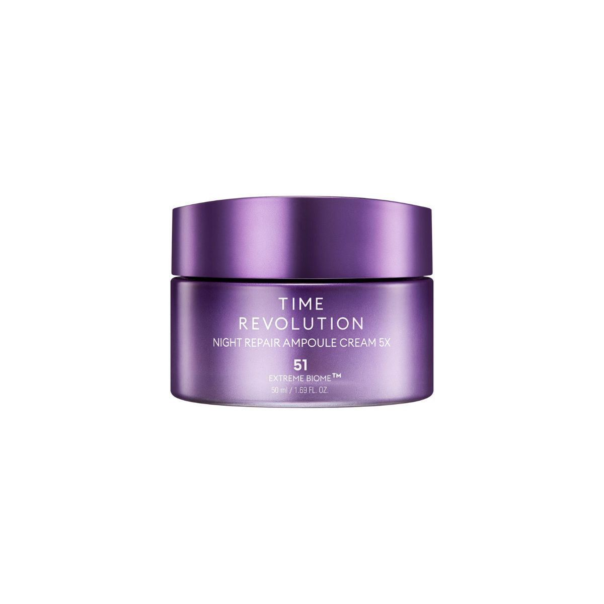 Missha Time Revolution Night Repair Ampoule Cream 5X, 50ml face moisturizer with a sleek jar and pump dispenser for nighttime skincare.